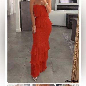 Olivia Mark – Ruffled Hem Ruched Bandeau Layered Dress (red)